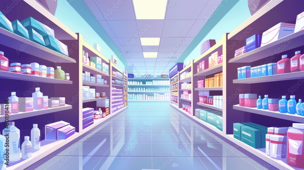 The interior of a medical pharmacy shop with cartoon shelves filled with pharmaceutical products. Pharmaceutical aisle merchandise with retail vitamins packaging displayed in a hospital.