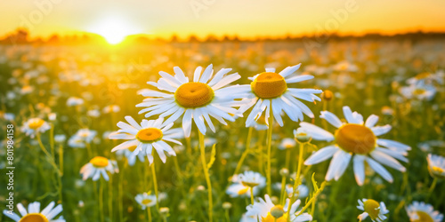 Bright daisy field at sunset.Field of daisies. White daisies in the field.Template,background,wallpaper with daisy field photo