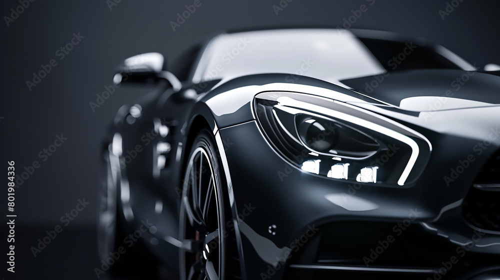 Luxury expensive car parked on dark background. Sport and modern luxury design gray car. Shiny clean lines and detailed front view of modern automotive. Automotive advertising banner 