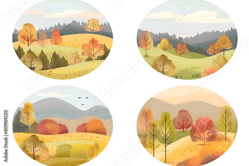 Four different scenes of a forest with trees in autumn. The first scene has a bird flying in the sky, the second has a bird perched on a tree, the third has a bird flying over a field. Generative AI photo