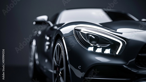 Luxury expensive car parked on dark background. Sport and modern luxury design gray car. Shiny clean lines and detailed front view of modern automotive. Automotive advertising banner  © Sourav Mittal