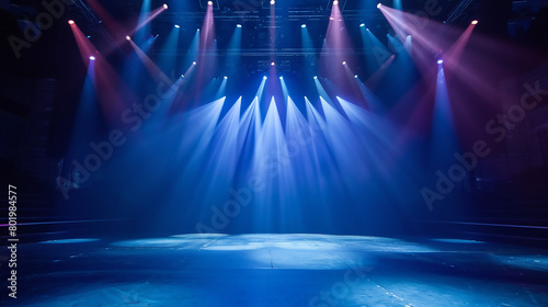 Modern dance stage light background with spotlight illuminated for modern dance production stage. Empty stage with creative lighting. Stage lighting art design. Entertainment show. Generative AI  © Sourav Mittal