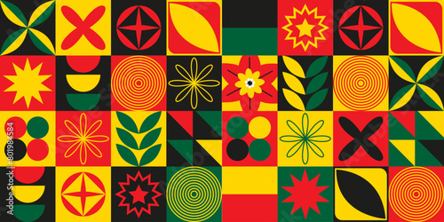 Juneteenth Brutalist Geometric seamless pattern. Red, yellow, green colors mosaic shape