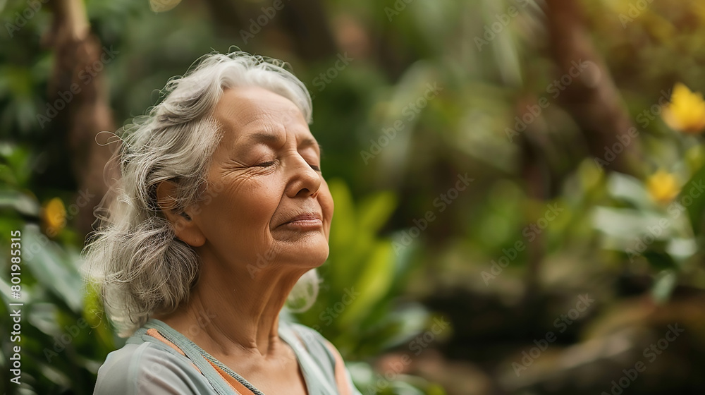 Photo of a senior woman practicing meditation in a peaceful garden with a close-up on her serene focused face reflecting inner peace Photo of a senior woman practicing meditation in a peaceful garden with a close-up on her serene focused face reflecting inner peace