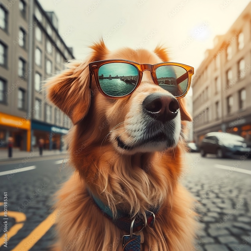 beautiful dog, light brown, stand at street of city, wearing sunglasses.