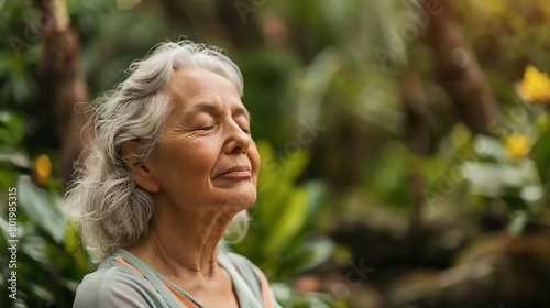 Photo of a senior woman practicing meditation in a peaceful garden with a close-up on her serene focused face reflecting inner peace 