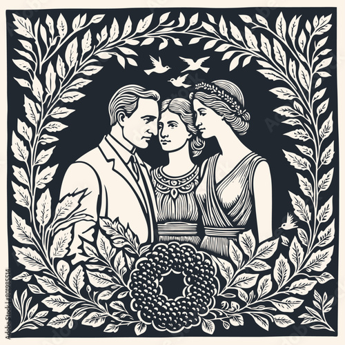 Floral decorative vignette with a man, two women and a bird, vector illustration