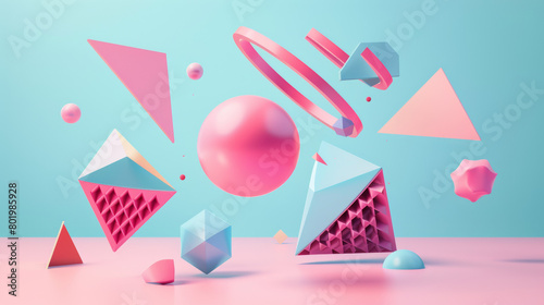 A colorful abstract art piece with a pink ball and blue triangles