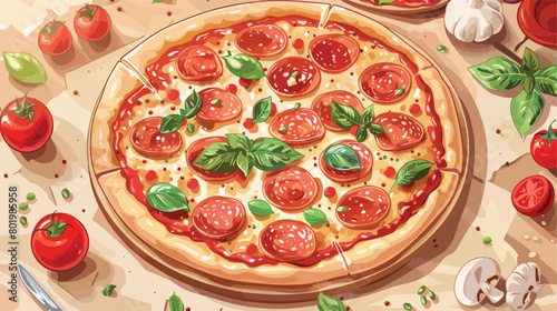 Delicious pepperoni pizza and ingredients on beige background