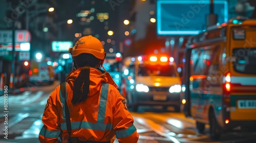 Emergency services at night, worker in reflective safety gear on city street. Urban safety and services concept. Night-time emergency response scene. AI