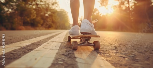 Portrait of a woman skateboarding on a longboard on the highway in a dynamic image photo