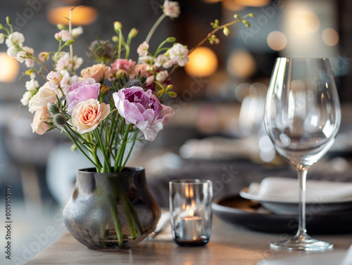 A flower vase adorns the table beside a wine glass in the interior design