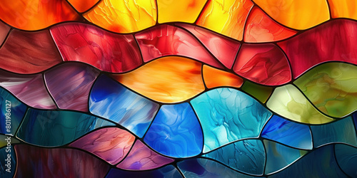 Vibrant Wave Patterned Stained Glass Window with Multicolored Shades and Intricate Design