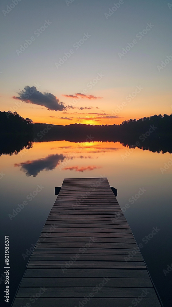 Fototapeta premium Serene Sunset Spectacle: Vibrant Sky Colors Reflecting on Calm Lake with Wooden Dock