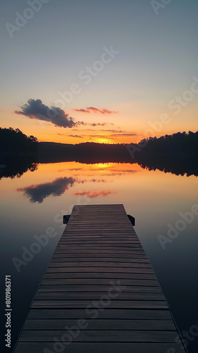 Serene Sunset Spectacle: Vibrant Sky Colors Reflecting on Calm Lake with Wooden Dock