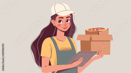 Delivery woman with cardboard pizza boxes and tablet