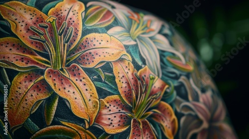 Bold and detailed close-up of a floral tattoo featuring lilies, representing purity and renewal, captured on a solo backdrop with focused studio lighting