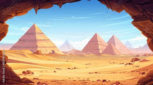 Desert landscape with ancient pyramids in a dark stone cave. Cartoon illustration of an ancient pharaoh tomb, sand dunes and blue sky under a hot summer sun. Background for an adventure game.