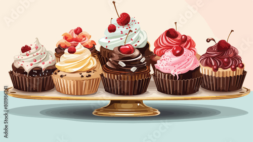 Dessert stand with tasty cupcakes on table Vector illustration