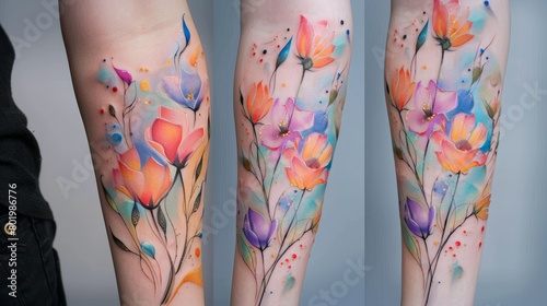 Beautifully detailed watercolor tattoo with a dreamy floral pattern, merging vibrant splashes and artistic strokes, showcased against a stark backdrop