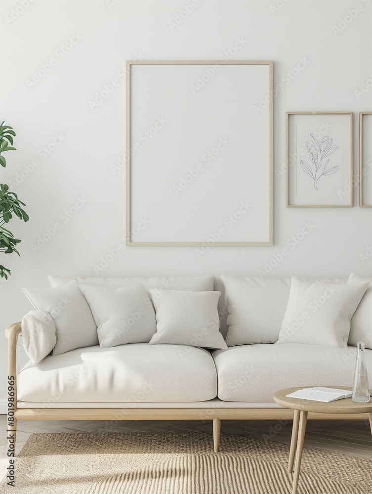 Fototapeta premium Frame mockup, simple and modern sofa home interior design background, wall poster frame mockup, 3d render