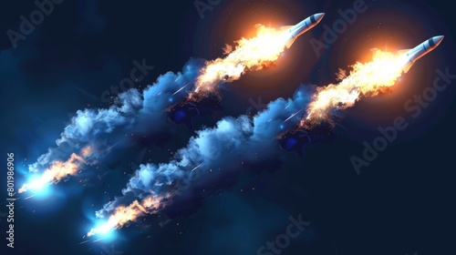 Modern realistic set of rocket, space ship, jet launch smoke trail. Takeoff or blast effect of spaceship, shuttle, missile with blue flames and steam clouds.