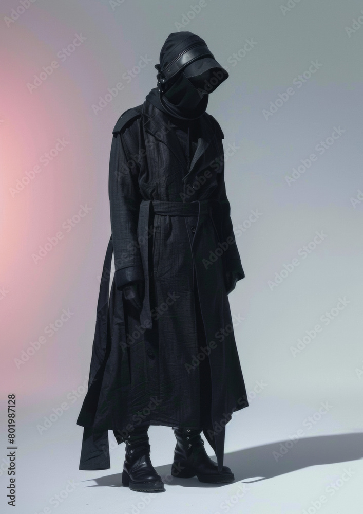 A person in a black coat and hat is standing in front of a white background