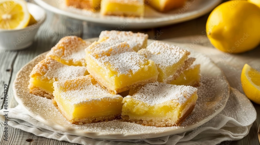 A plate of lemon bars with powdered sugar on top A plate of lemon bars with powdered sugar on top