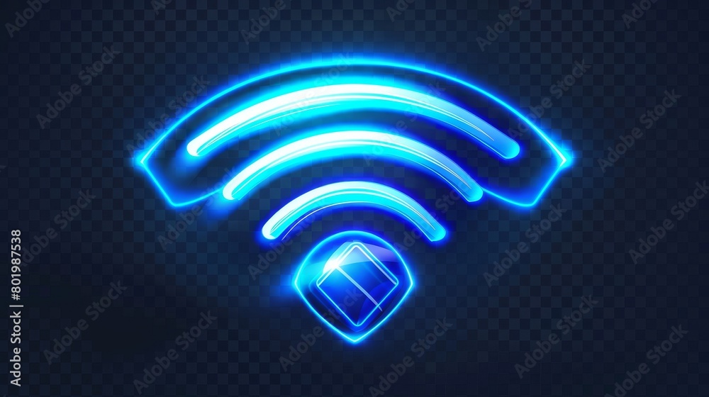 A 3D wifi signal symbol with neon light effect on transparent background. Wireless technology wave sign set. Computer protection system concept. A futuristic digital radar circle network design. A 3D wifi signal symbol with neon light effect on transparent background. Wireless technology wave sign set. Computer protection system concept. A futuristic digital radar circle network design.