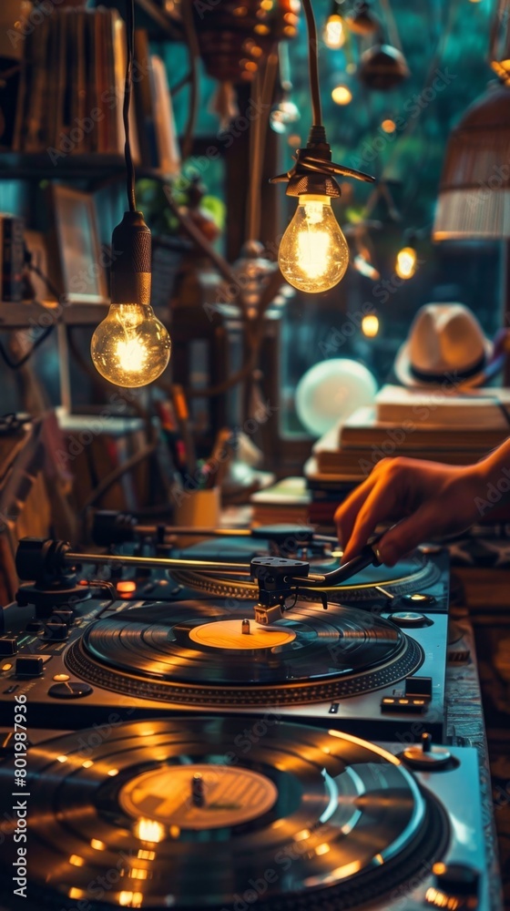 Someone is playing a record on a turntable with some lights. Music party background . Vertical background 