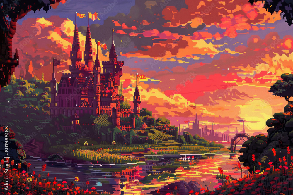 Pixelated castle during sunset with vibrant colors and river Pixelated castle during sunset with vibrant colors and river
