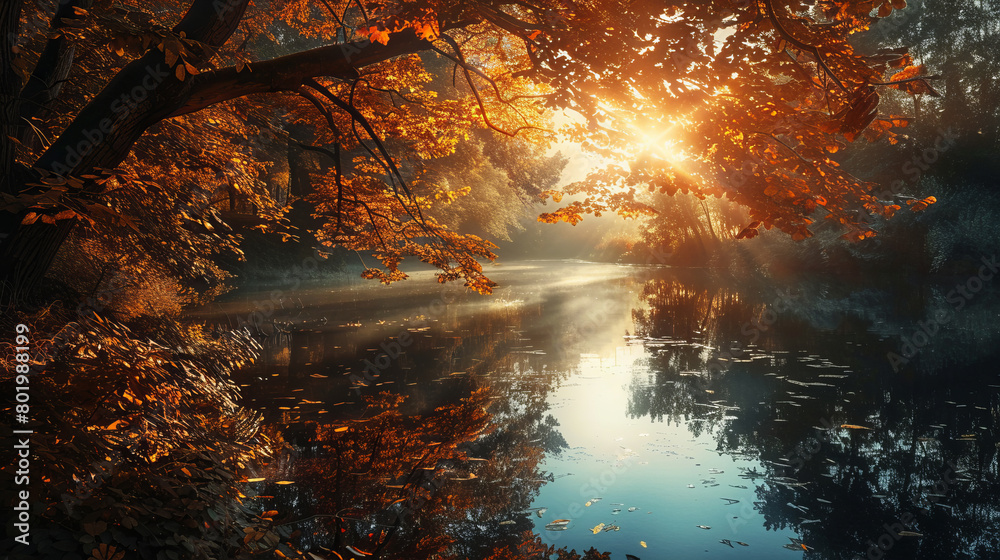 Serene autumn sunrise over a tranquil forest lake