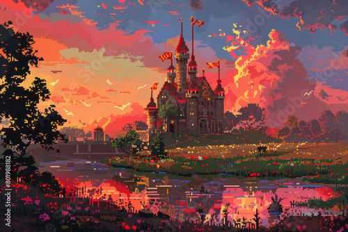 Pixelated sunset view of a castle beside a river with flags