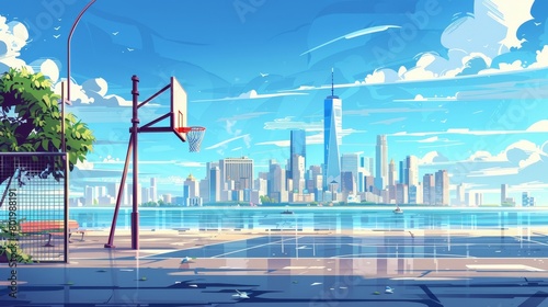 Street basketball court with cityscape skyline. Cartoon modern background of empty school team arena stadium coast, with skyscrapers in the background. photo