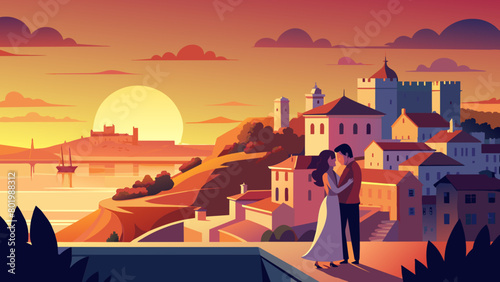 Romantic Couple Embracing at Sunset in Picturesque Old Town