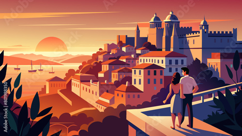 Romantic Sunset Over Coastal European Town Illustration