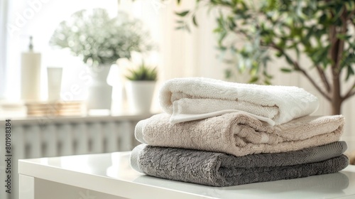 Stack of white towels in bathroom  closeup. with copy space