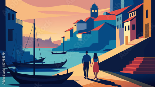 Romantic Sunset Stroll by the Mediterranean Seaside Village