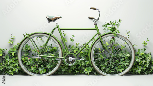 Green bicycle surrounded by lush plants in a serene setting © standret