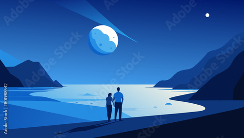 Romantic Couple Gazing at a Majestic Blue Alien Landscape by the Shore