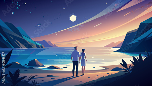 Romantic Couple Enjoying Serene Beach Sunset Landscape