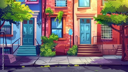 Old city back alley street cartoon modern background. Brick wall neighborhood house ghetto landscape illustration for game. Empty sunny cityscape with cafe entrance and stairs. New York home