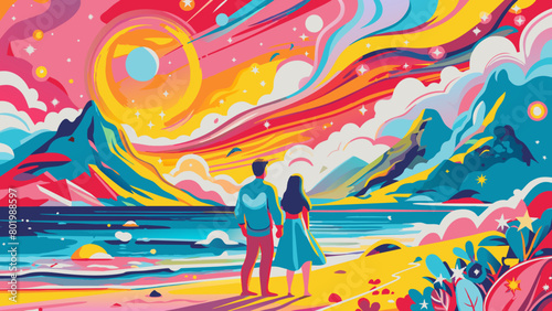 Surreal Sunset at Beach with Couple Embracing the View