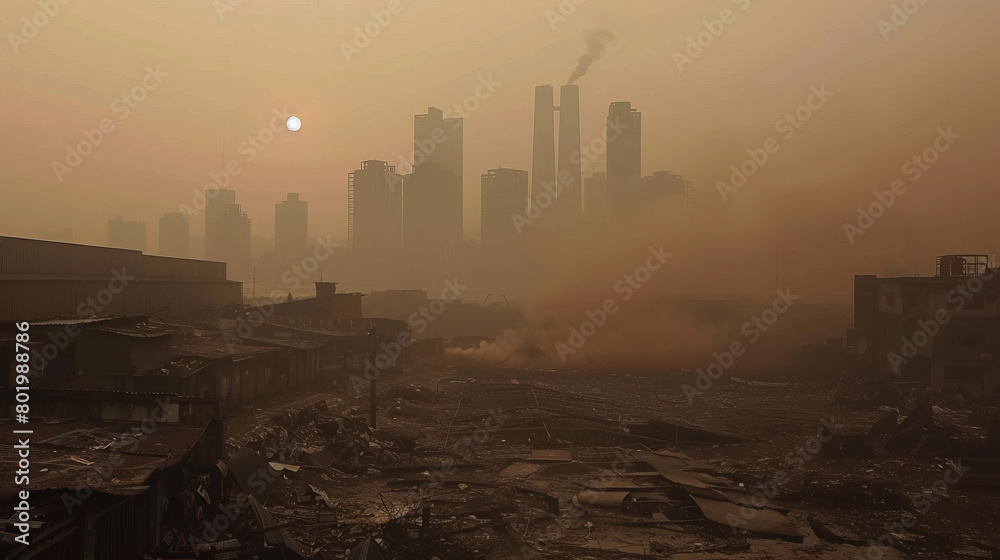 Apocalyptic cityscape with polluted air and dilapidated buildings