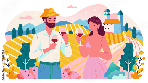 Romantic Couple Enjoying Wine in Picturesque Vineyard Landscape