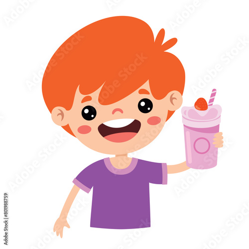 Cute Cartoon Kid Drinking Milkshake