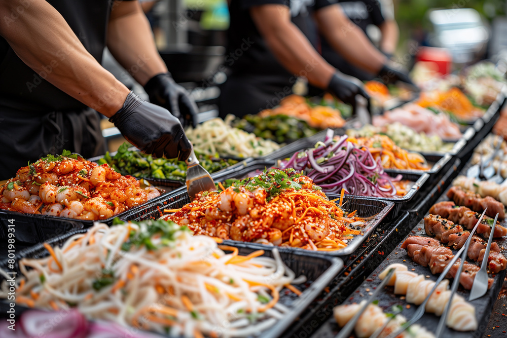 A man is cooking food on a table with many different types of food