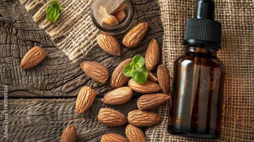 almond essential oil on burlap background