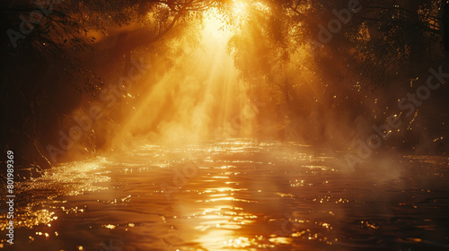 A forest with a river and a sun shining through the trees © ART IS AN EXPLOSION.