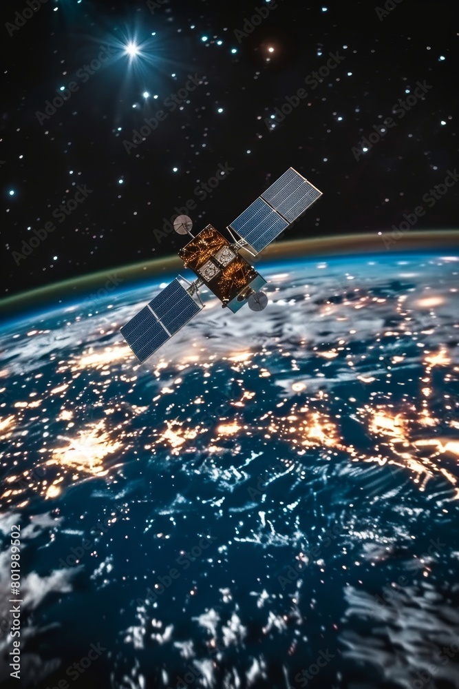 Futuristic telecom satellite with holographic data for global online connectivity and gps navigation Futuristic telecom satellite with holographic data for global online connectivity and gps navigation